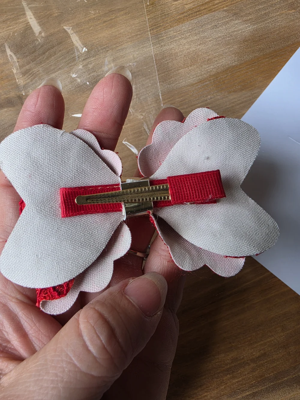 Red Lace Bow Hair Clip with Metal Accent